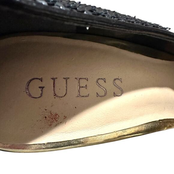 Guess UREEKALY Black Sequins Gold Heel Leopard Platform Heels Size 6.5 M - Picture 7 of 11